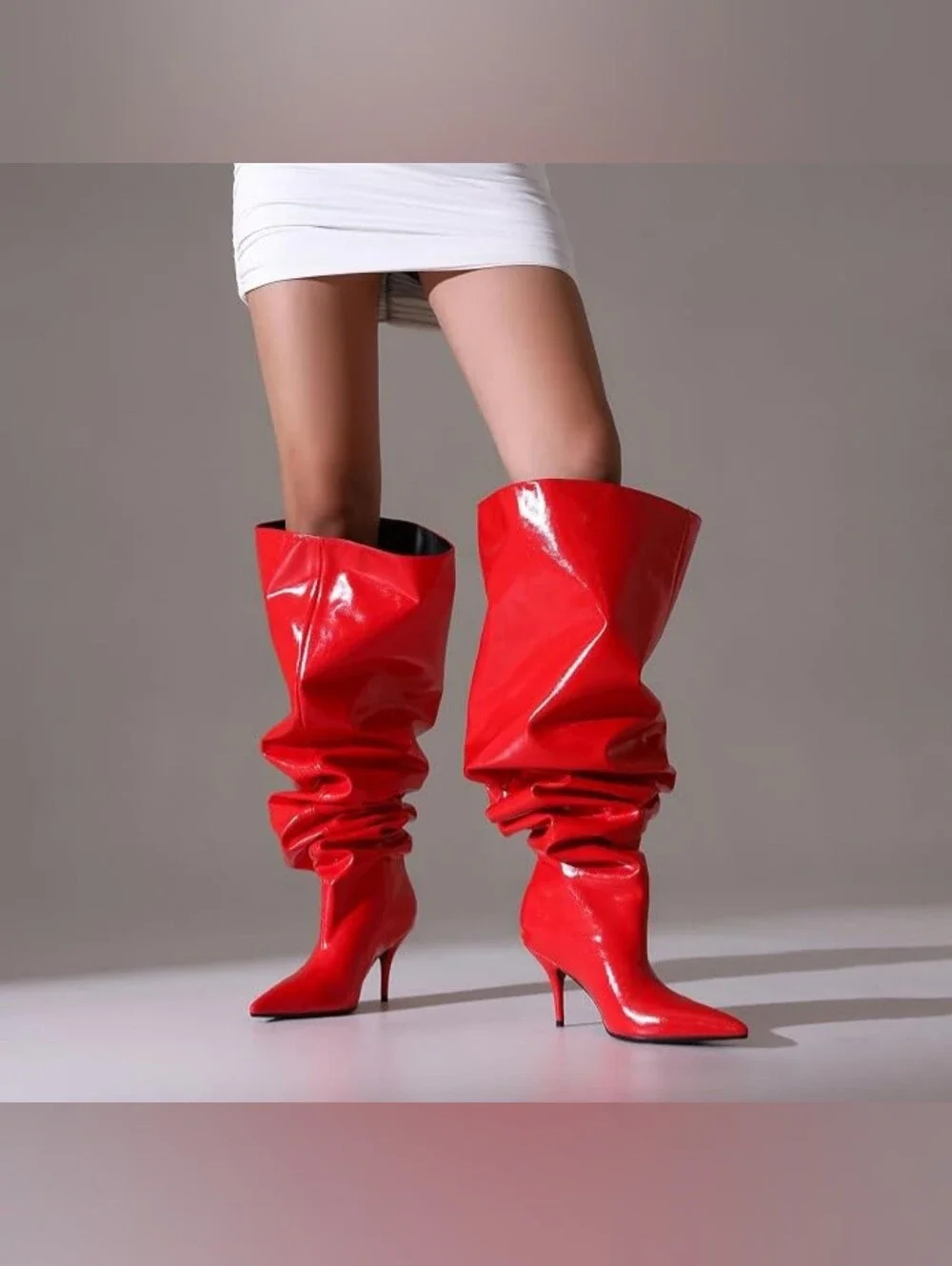Sexy Red Slouchy Thigh High Semi Kitten Stiletto Boots